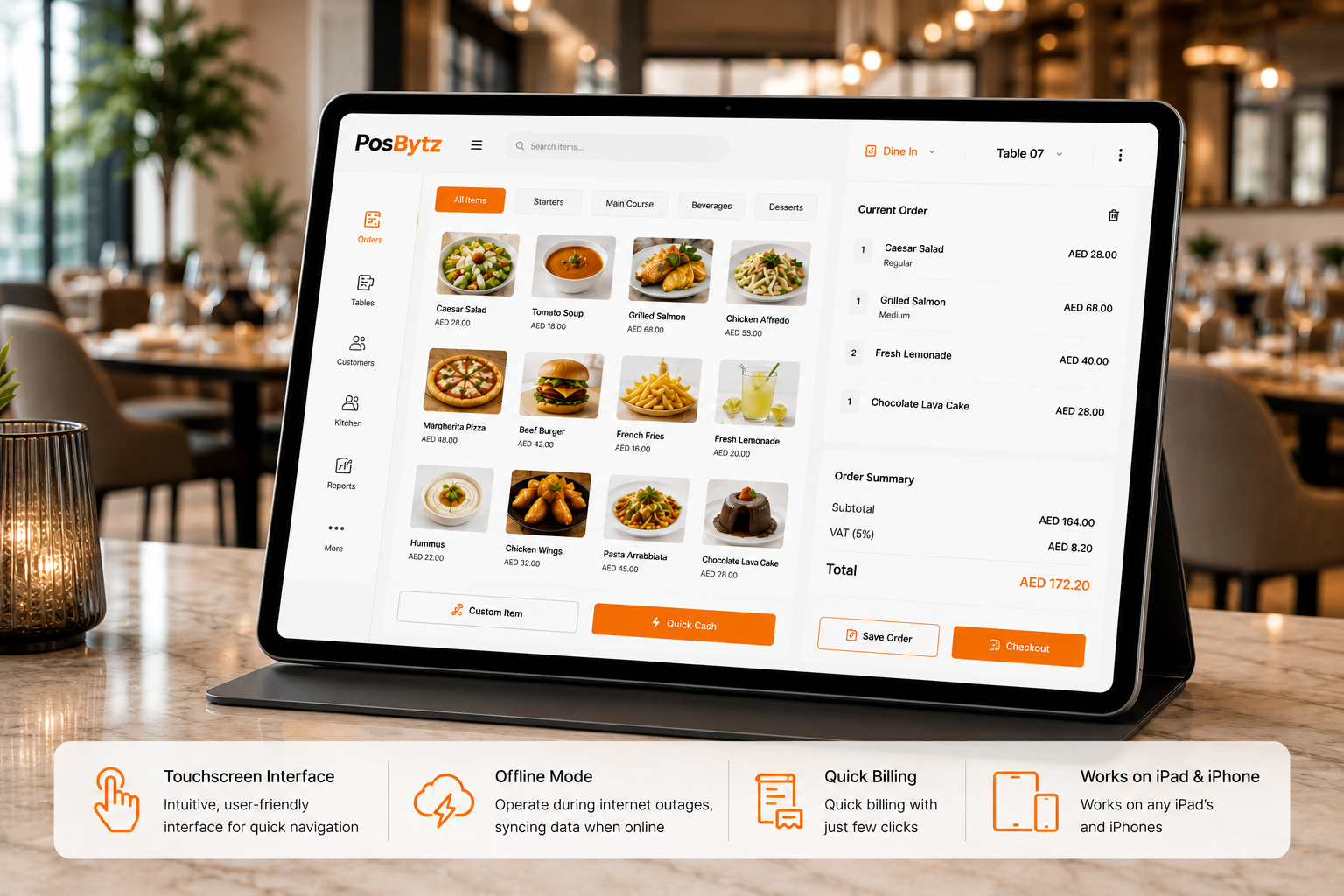 iPad POS system with touchscreen navigation, offline billing, and seamless operation on iPads and iPhones.