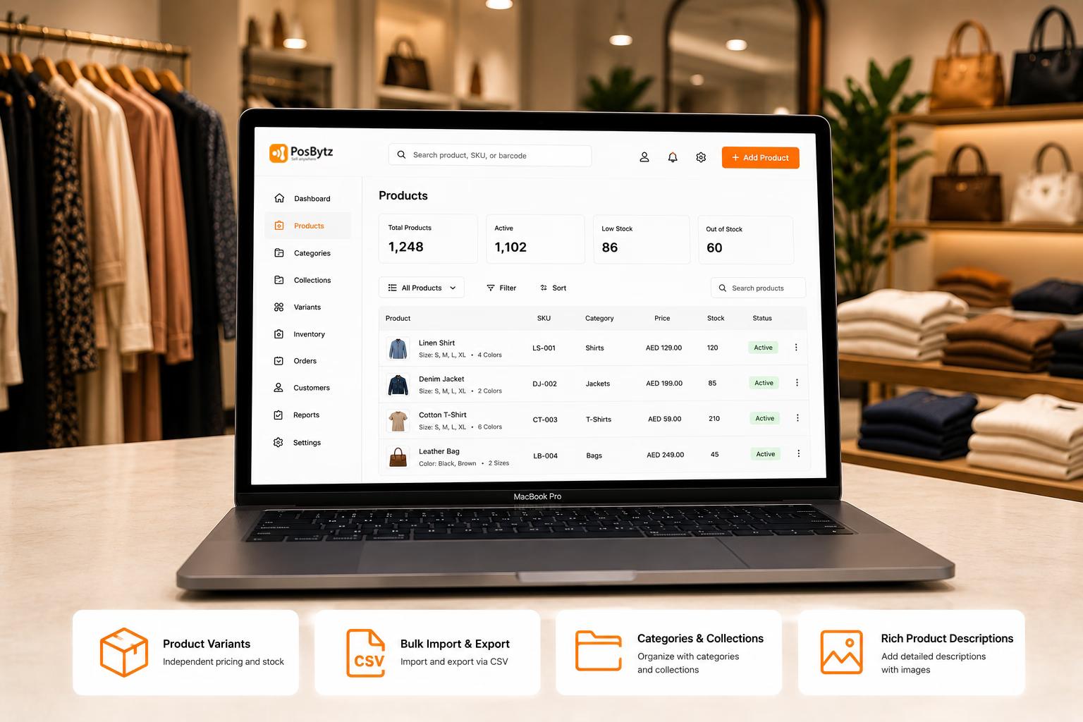 E-commerce product management dashboard showing catalog, variants, pricing rules, and bulk import tools.