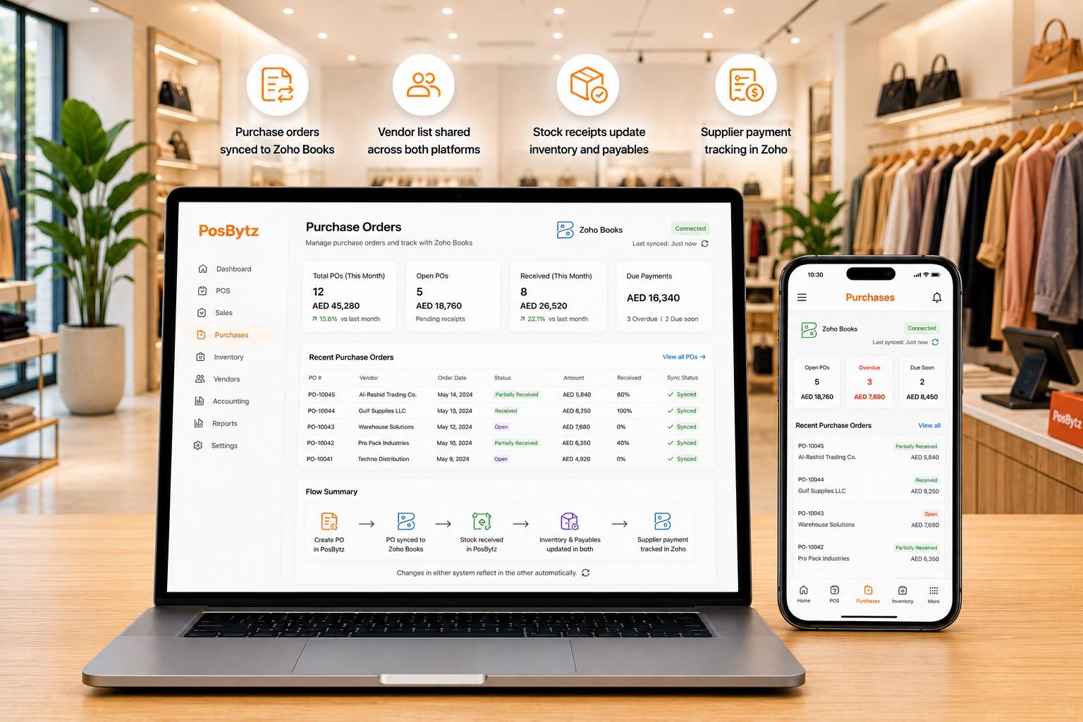Purchase order sync between POS and Zoho Books with vendor management, inventory updates, and supplier payment tracking