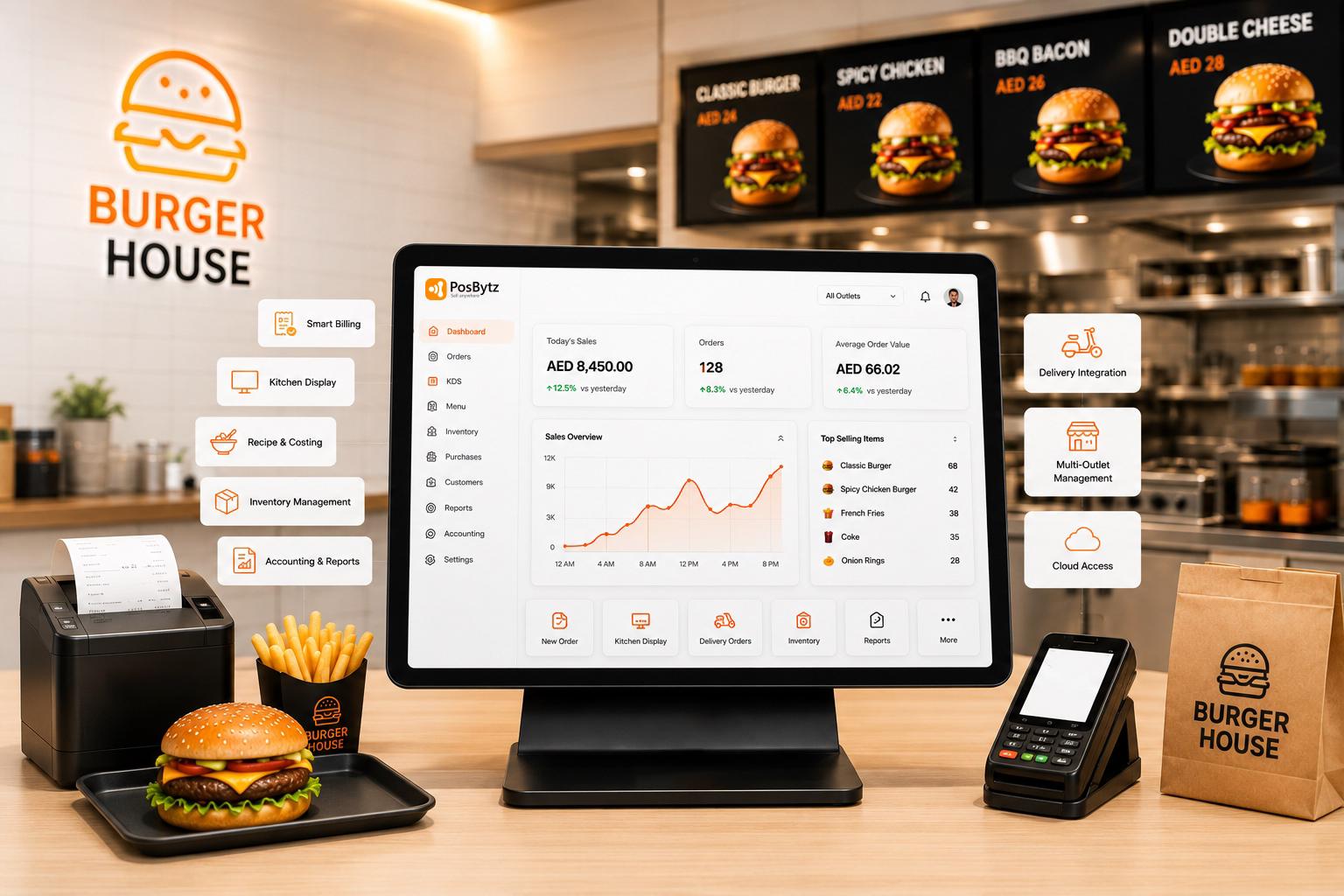 Burger restaurant POS software dashboard for billing, kitchen, inventory and delivery management