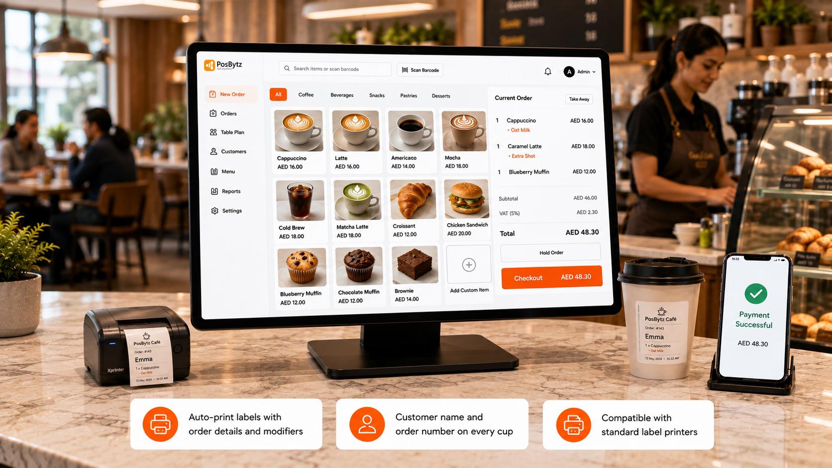 Cafe KOT label printing software for custom coffee cup labels and modifiers