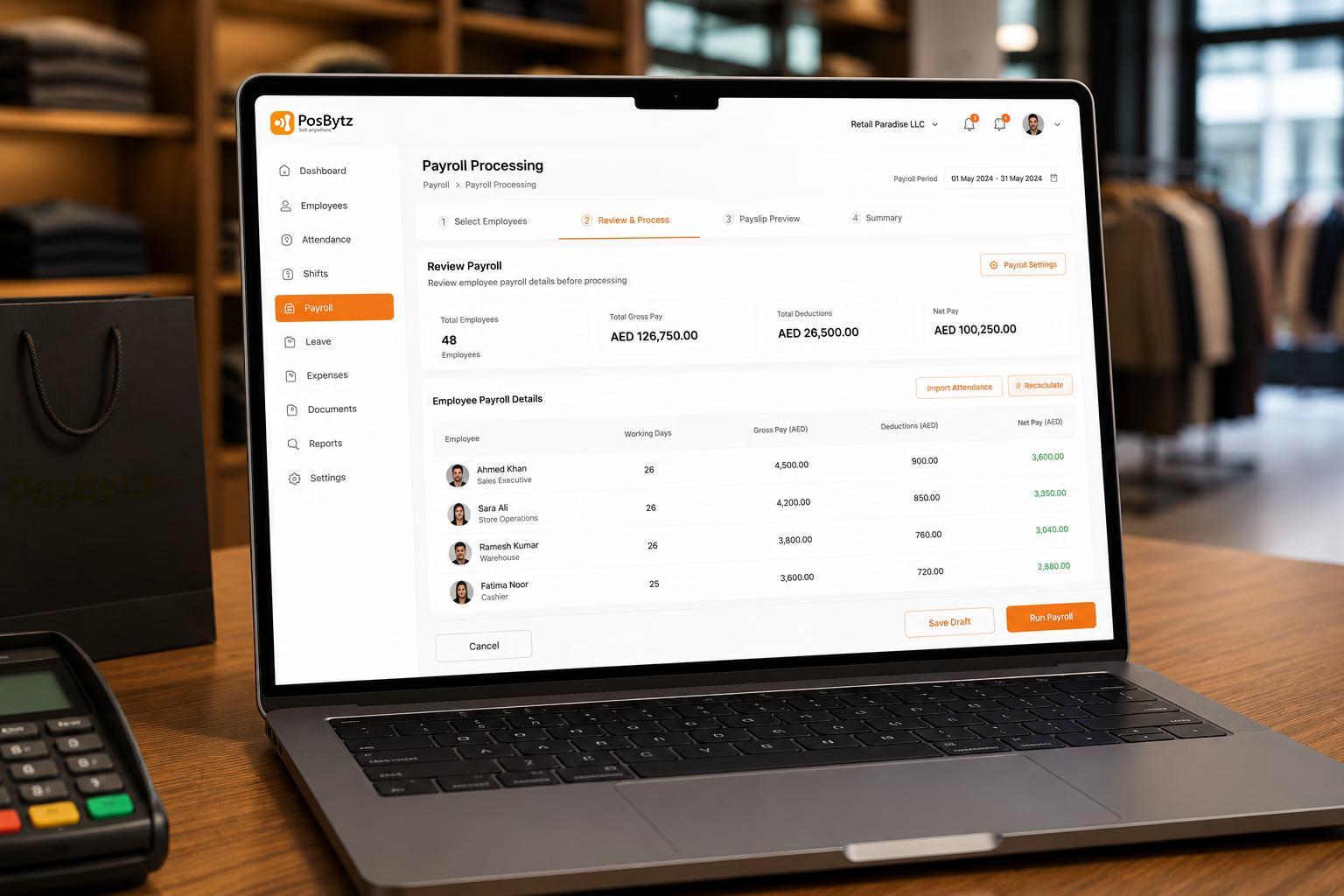 Payroll Processing  From attendance to payslip in one click Pull attendance data, apply leave balances, calculate overtime, deduct statutory contributions, and generate payslips — all in a single payroll run. Review before confirming, then post salary expenses directly to your accounting ledger.  One-click payroll run with attendance auto-sync Configurable pay structures (basic, HRA, transport, food) Automatic statutory deduction calculation Direct posting to accounting general ledger