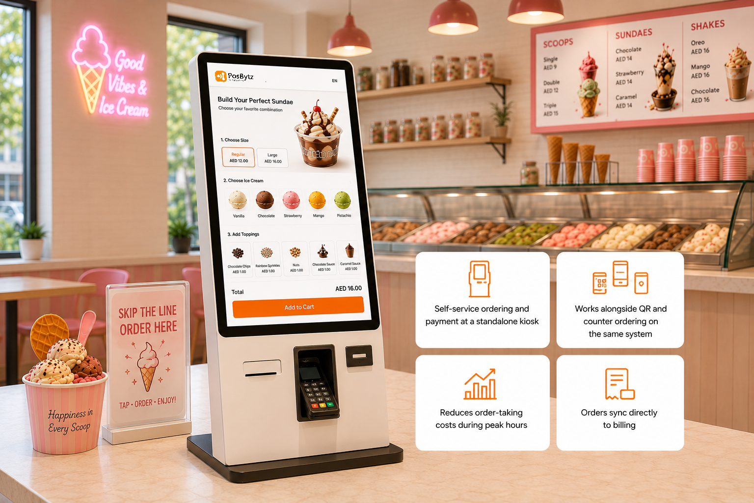Ice Cream Shop POS self-ordering kiosk for customized cone and sundae orders