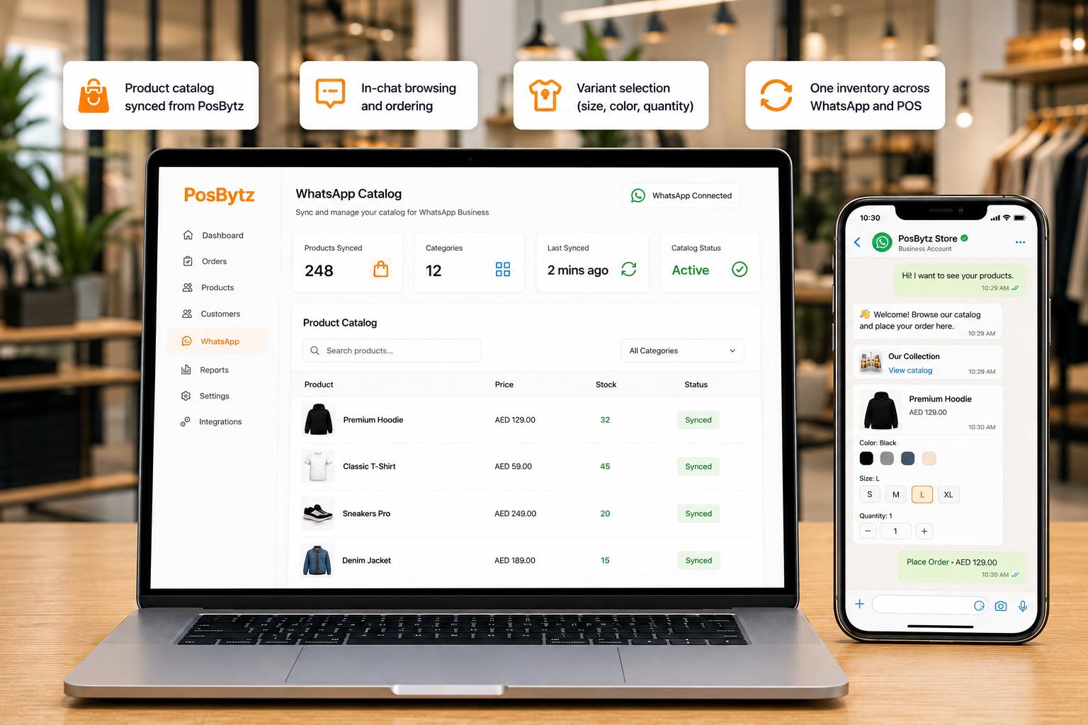 WhatsApp product catalog and in-chat ordering with inventory sync between POS and WhatsApp Business