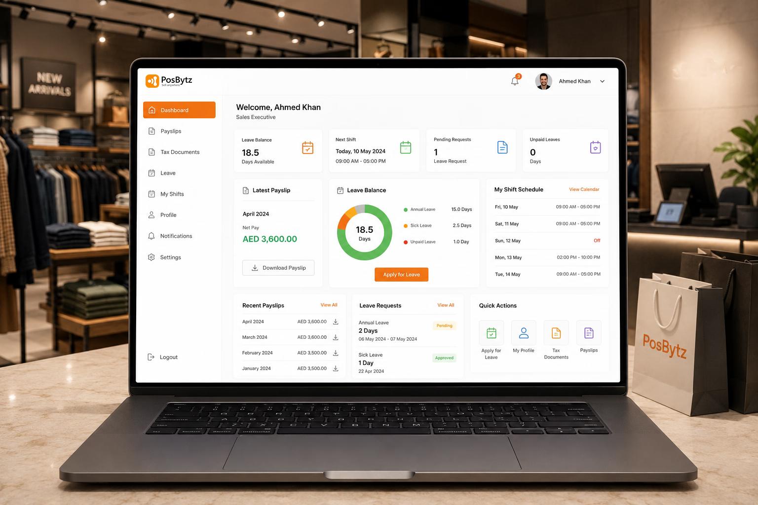Employee self-service HR portal for accessing payslips, leave balances, shift schedules, and personal information management