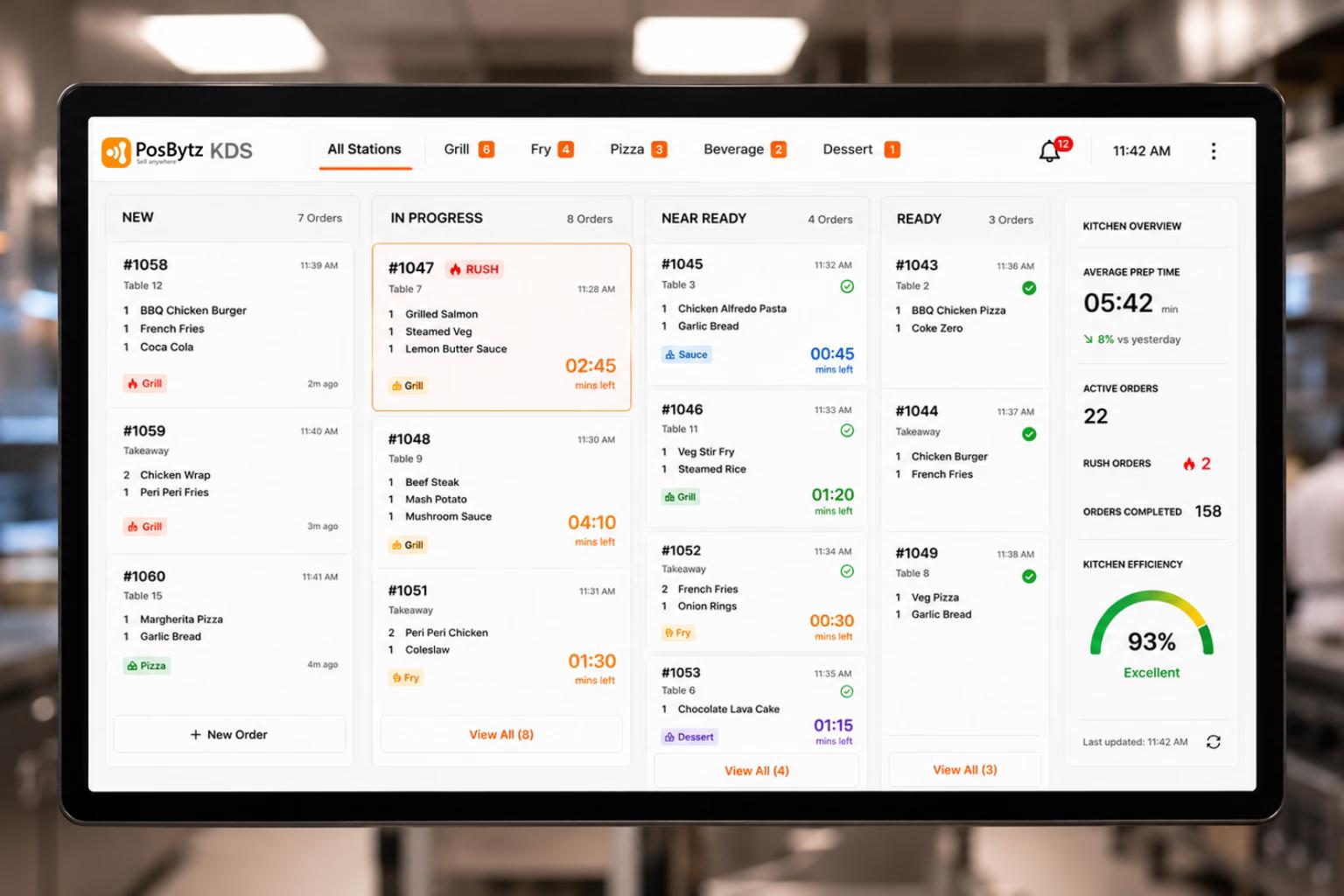 Kitchen Kitchen Display System showing automated order routing across kitchen stationsDisplay System integrated with Restaurant Management Software for automated order routing