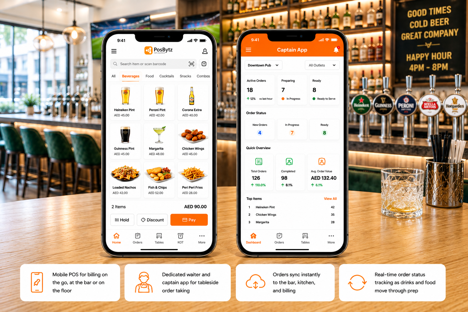 Mobile POS system for pubs with tableside ordering and real-time bar and kitchen sync