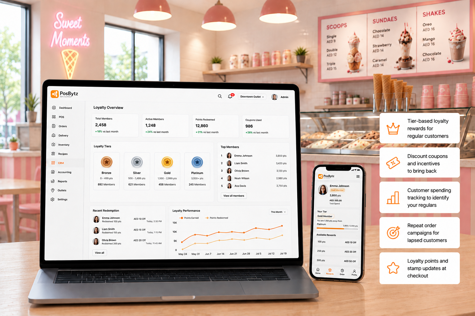 Customer loyalty program dashboard showing tier-based rewards, discount coupons, and loyalty points tracking for ice cream shop customers