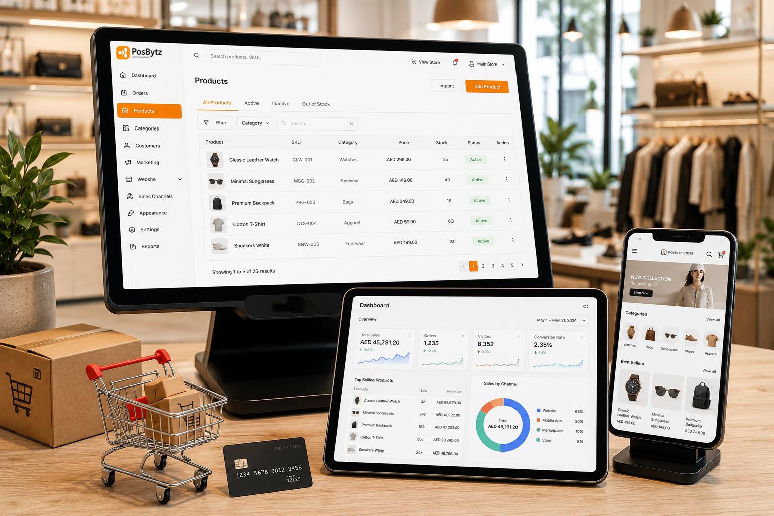 E-commerce platform dashboard showing product management, payments, shipping, and POS integration for online store operations.