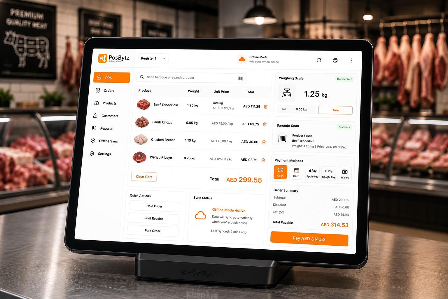 Butchery POS system with weighing scale integration, barcode scanning, and weight-based pricing
