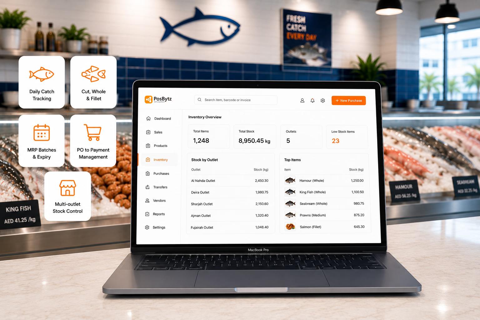 Fish store inventory management software for daily catch, fish cuts, batches, freshness, and expiry tracking