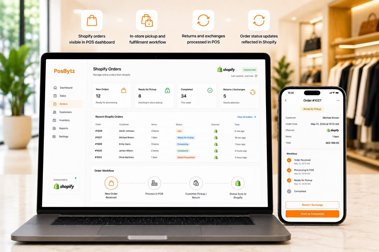 Shopify order integration with POS dashboard for in-store pickup, fulfillment, returns, and exchanges