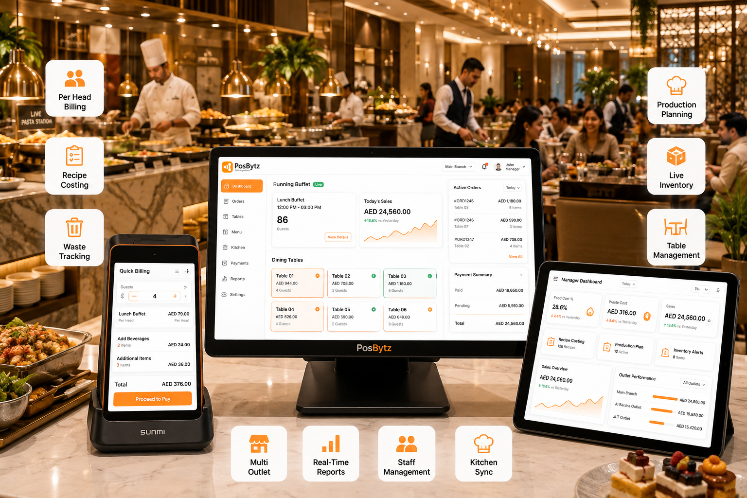 POS system for buffet restaurants for per-head billing and table management
