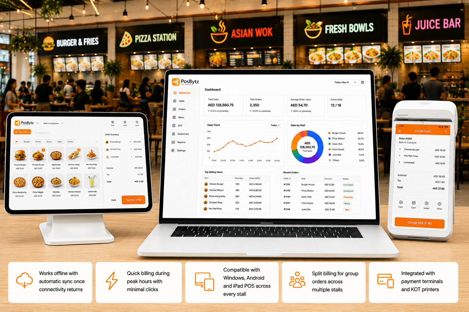 Food court POS billing system for multiple stall counters