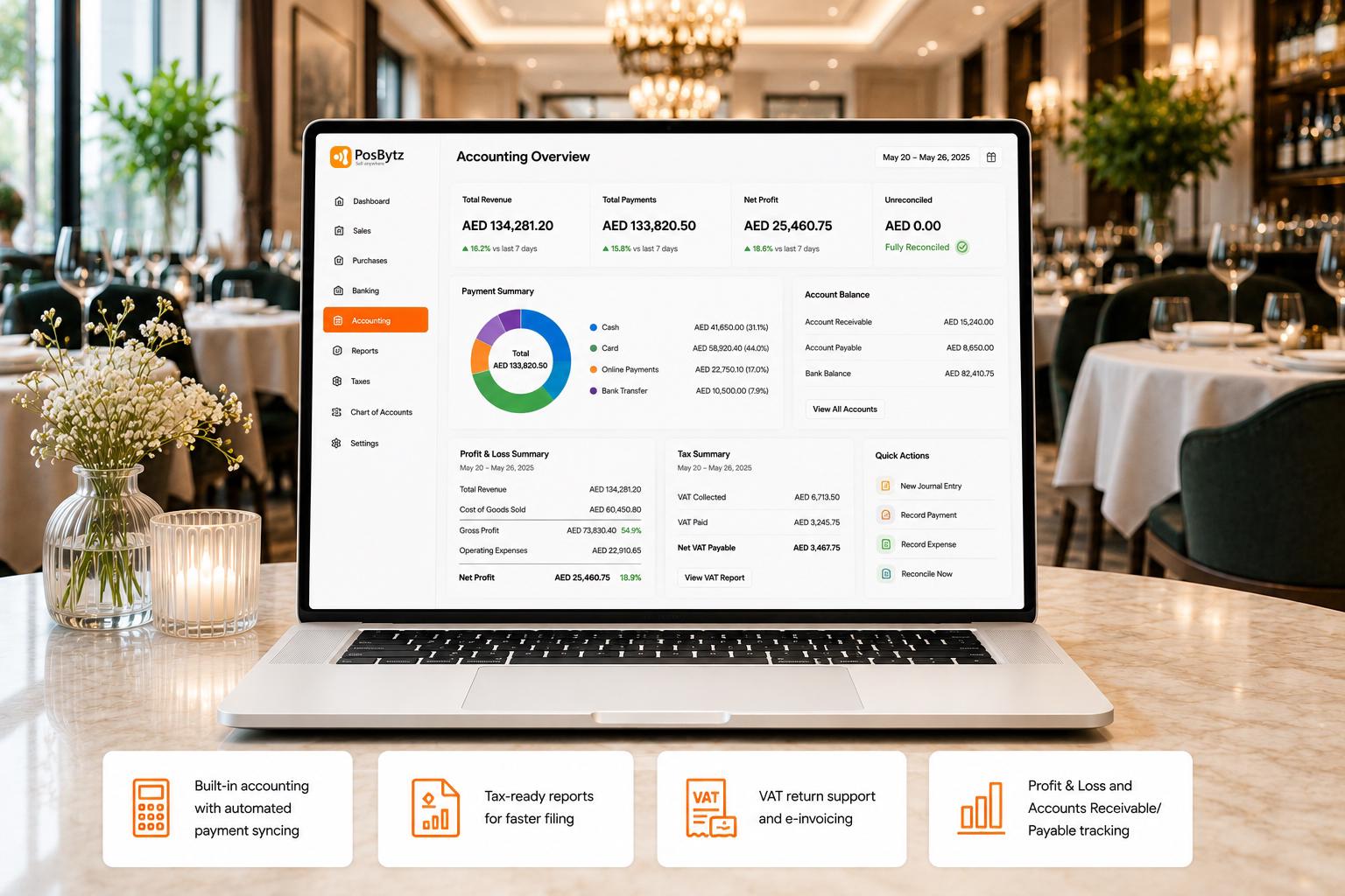 Fine dine restaurant POS software with accounting, VAT, and e-invoicing
