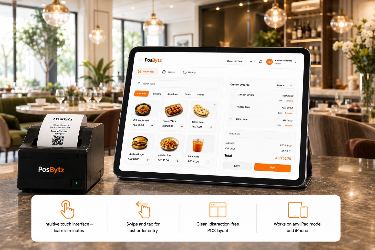 iPad POS interface with intuitive touchscreen navigation, swipe gestures, and fast order entry.