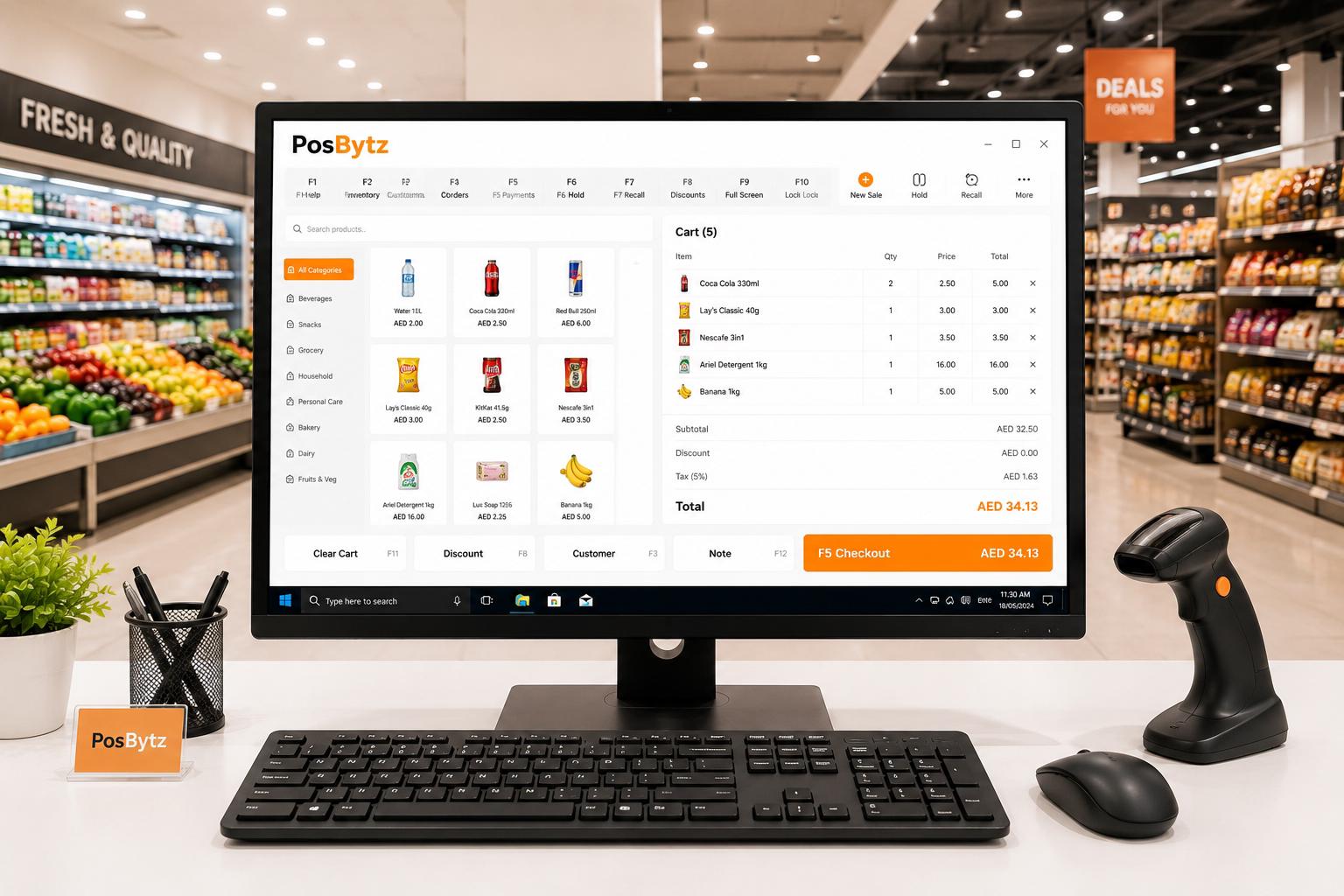 Windows POS interface with keyboard shortcuts and full-screen checkout workflow.