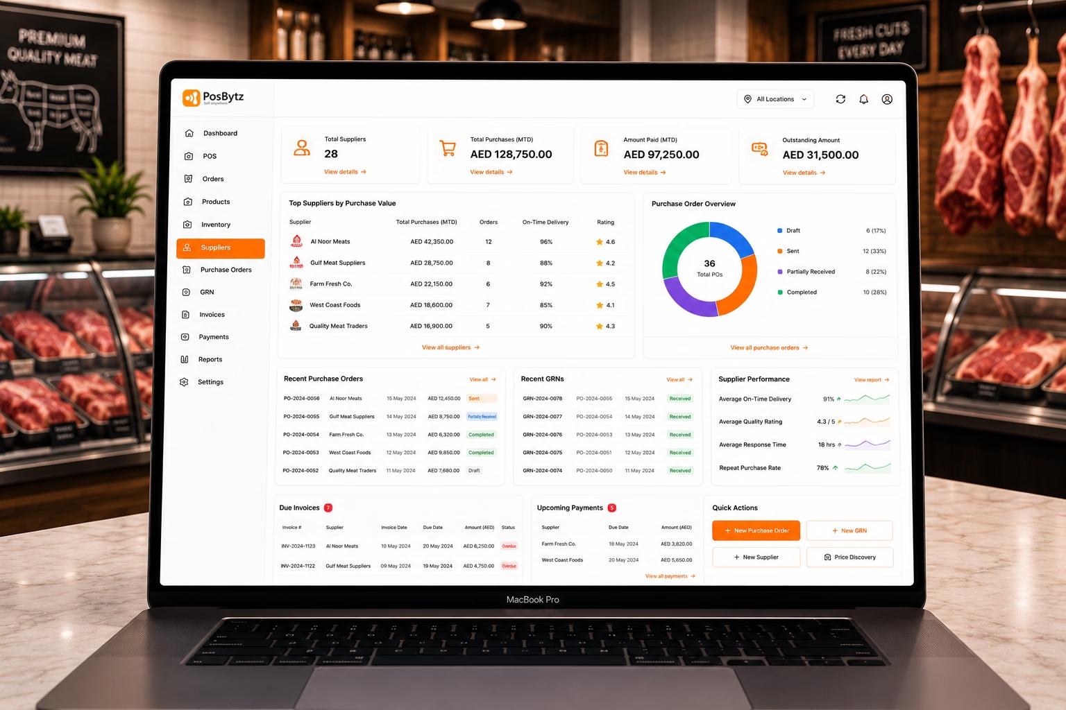 Butchery purchase order management software for suppliers, procurement, GRN, invoices, and payments