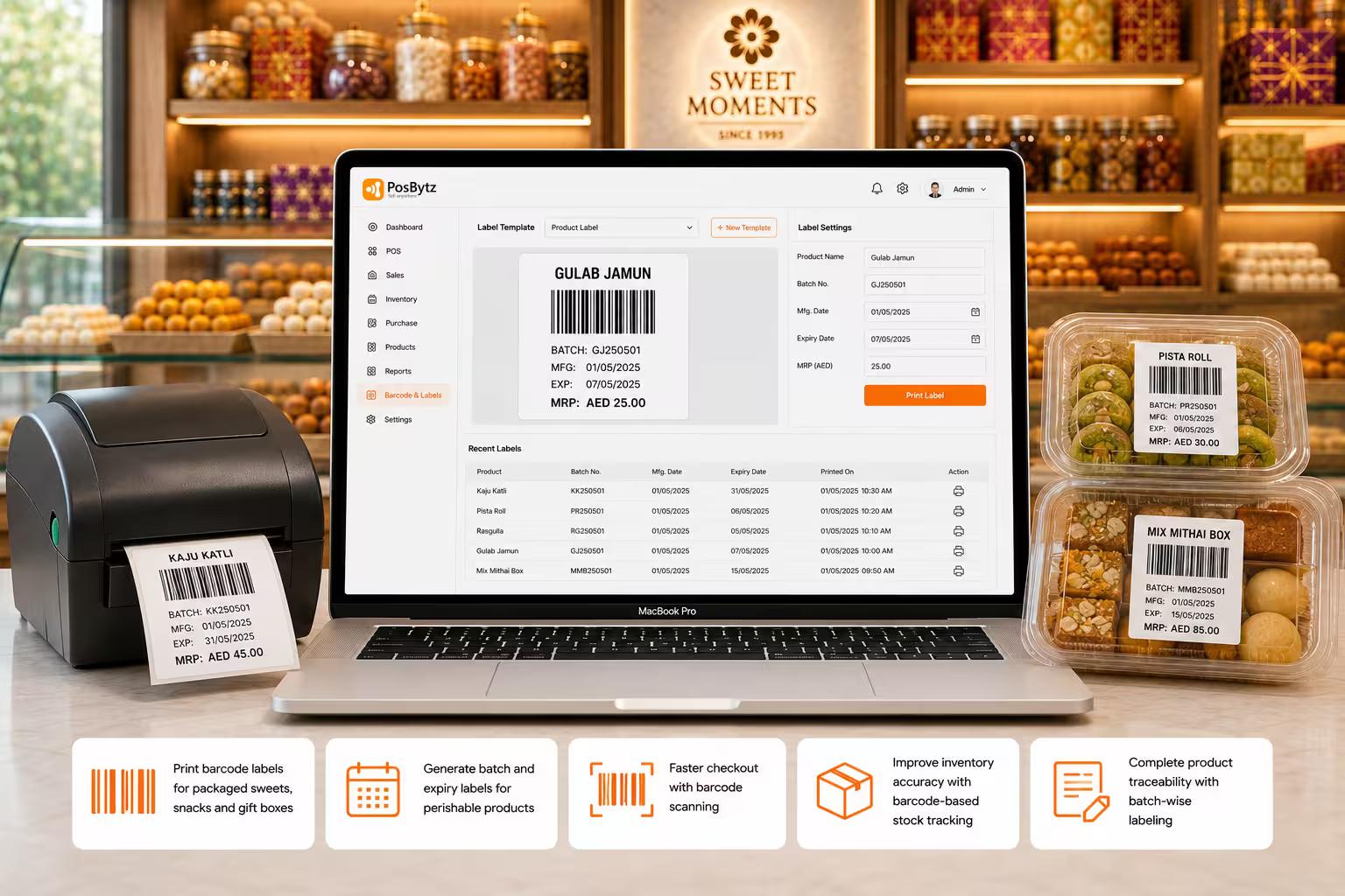 Sweet Shop POS Software with barcode and label printing for packaged sweets