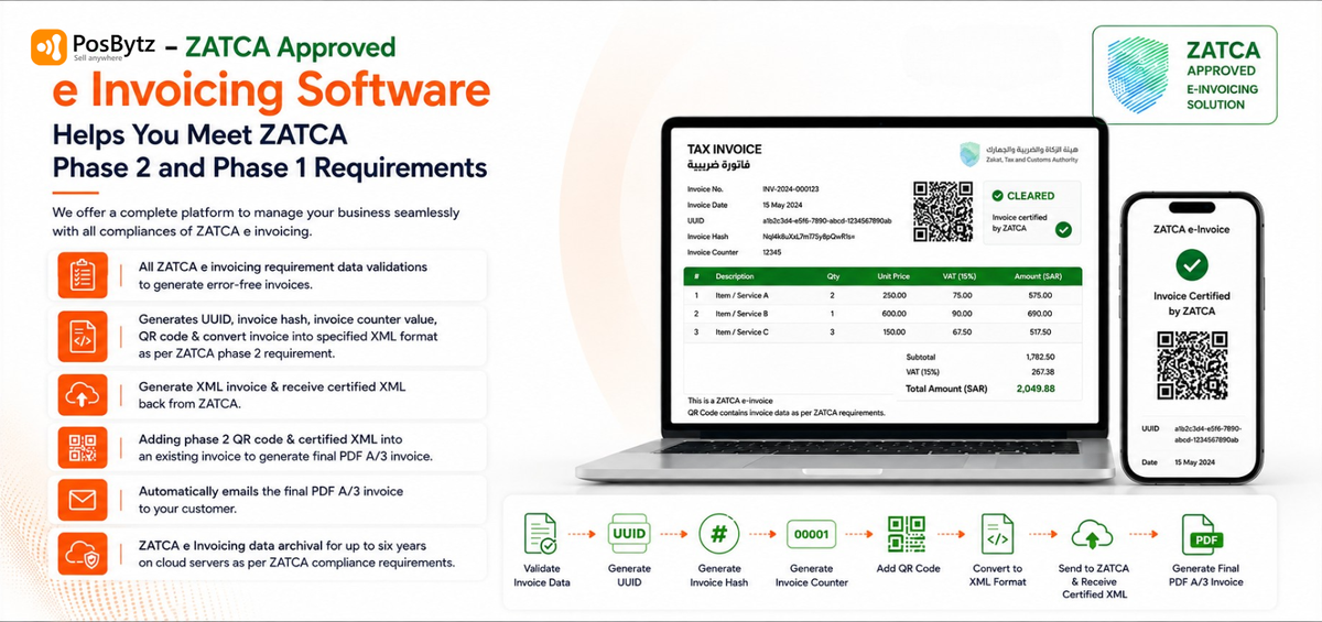 Posbytz – ZATCA Approved e invoicing software helps you to ZATCA Phase 2 and Phase 1 requirements