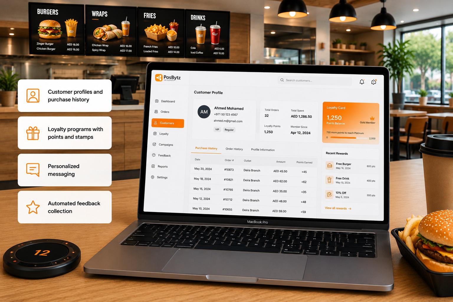 CRM and loyalty program for quick service restaurants with customer profiles and rewards