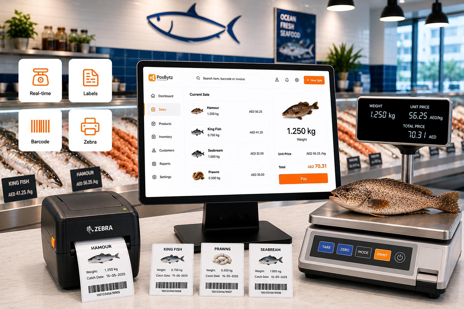 Fish store weighing scale and label printing software for weight, price, catch date, and barcode labels