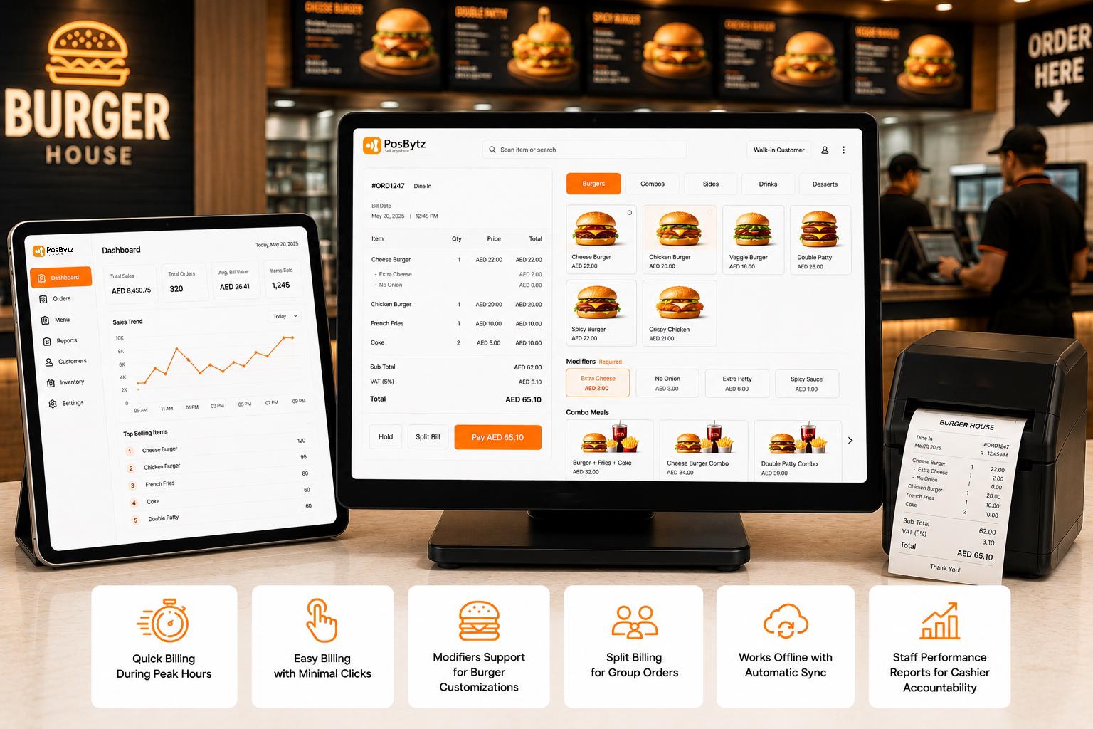 Burger restaurant POS software for combo meal billing and burger order customization