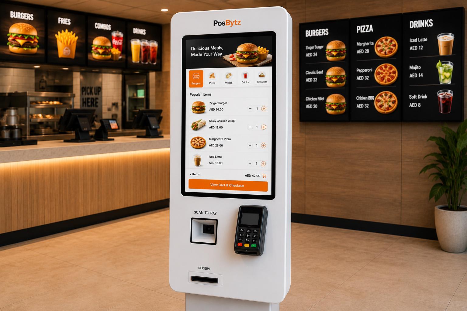 Self-ordering kiosk for quick service restaurants with contactless ordering and payment