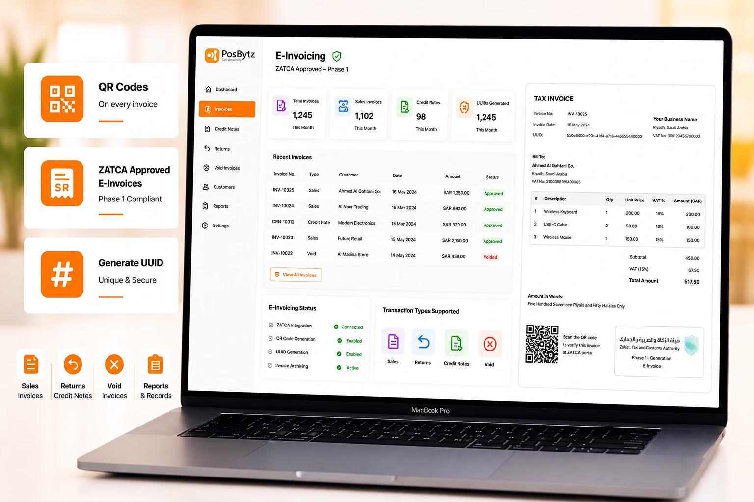ZATCA Phase 1 e-invoicing with QR code generation, UUID creation, and compliant digital invoice billing