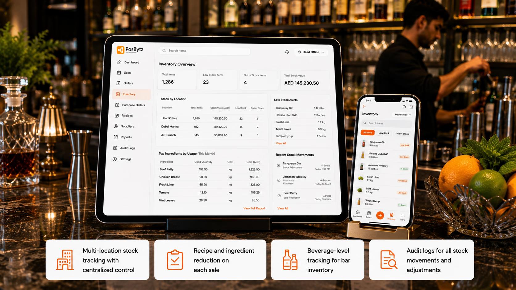 Bar inventory management software for bottle, beverage, ingredient, and stock tracking