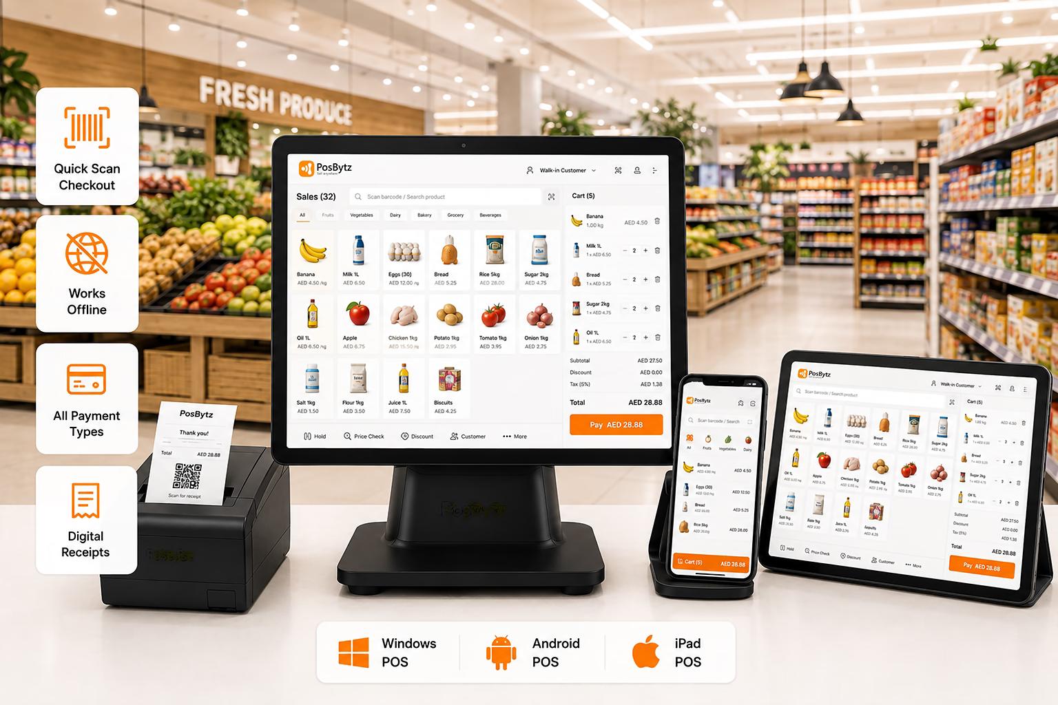Retail POS software for multi-channel billing with offline checkout and barcode scanning