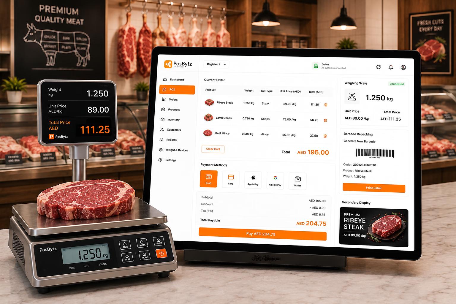 Butchery POS software with weighing scale integration for automatic weight-based price calculation