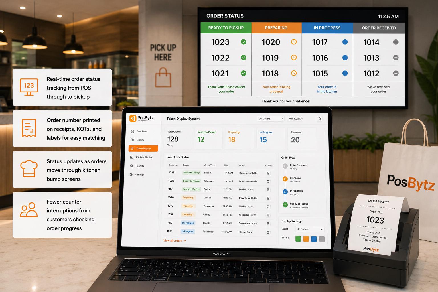 Token display system for quick service restaurants showing real-time order status