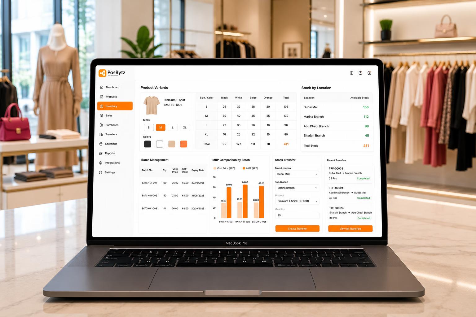 Boutique inventory management software for size, color, batch, and multi-location stock tracking