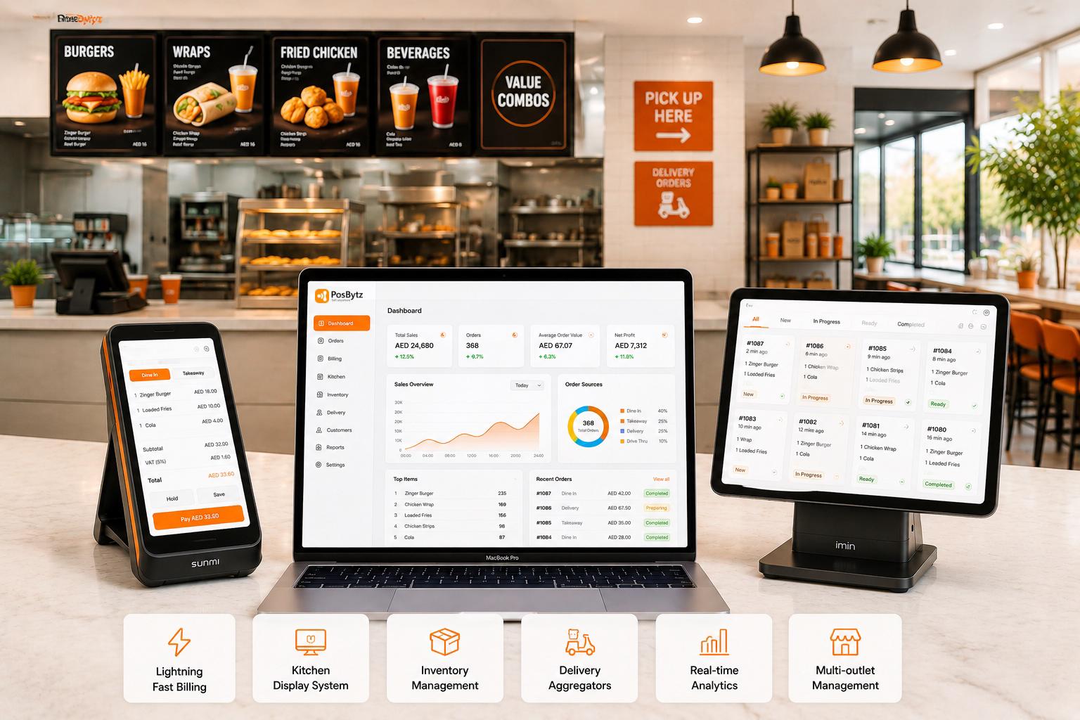 QSR POS software dashboard managing billing, kitchen display, inventory, and delivery orders