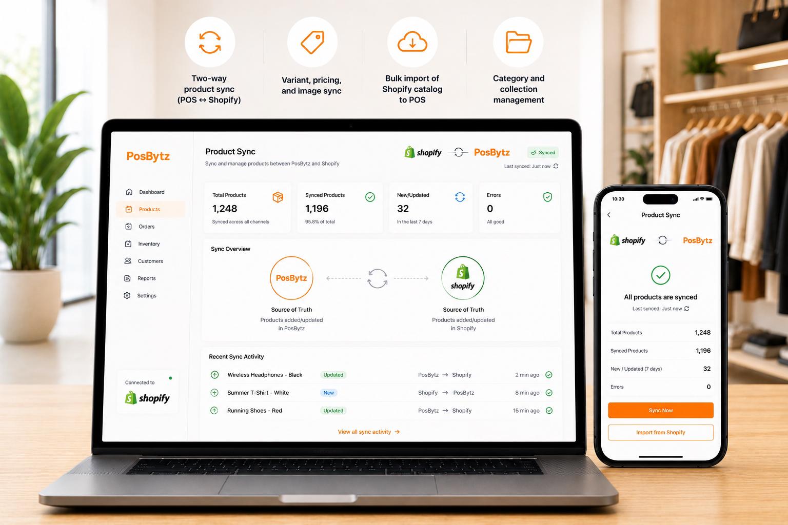 Two-way product sync between Shopify and POS with catalog, pricing, variant, and image synchronization