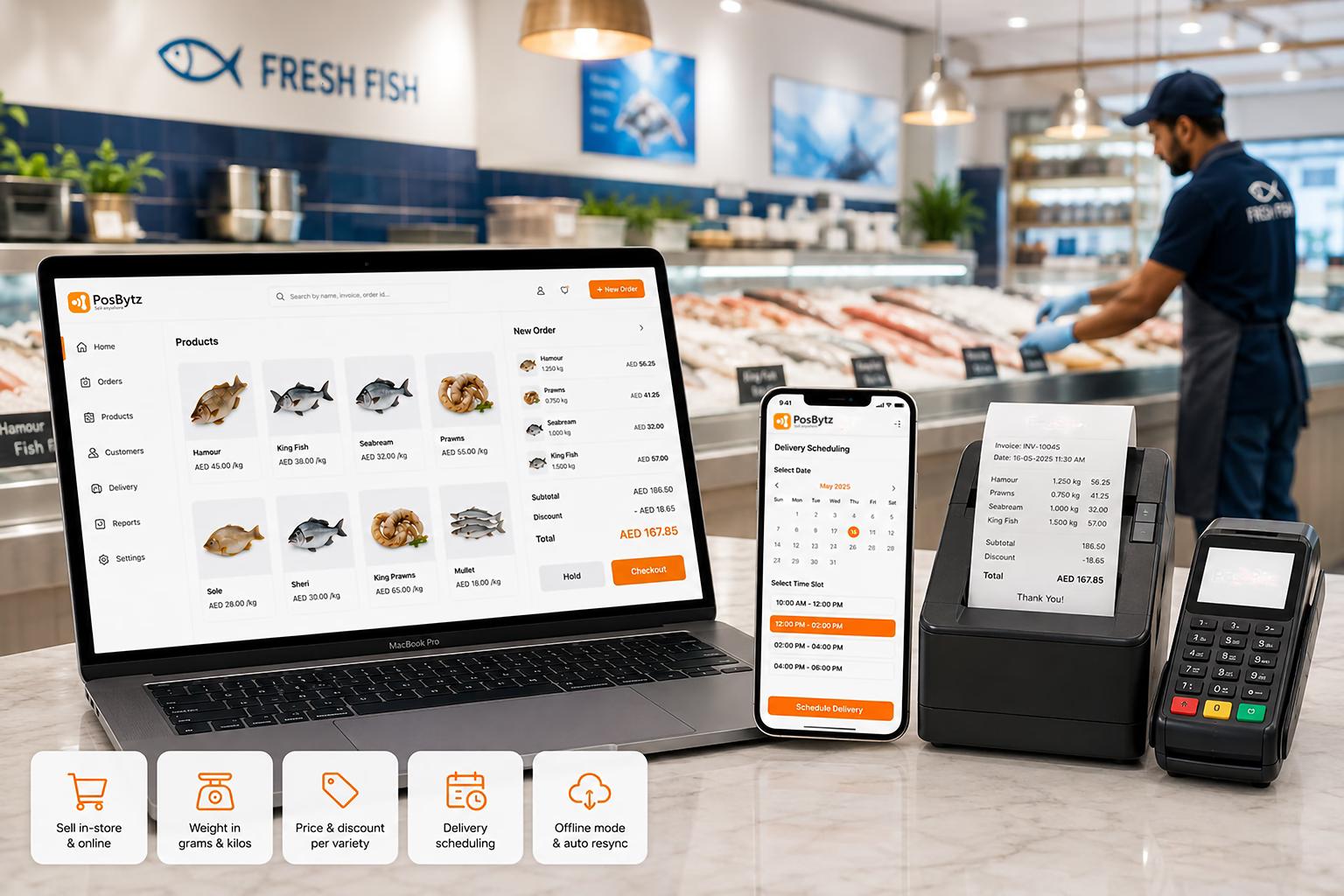 Fish store omnichannel POS software for in-store and online sales with weight-based ordering