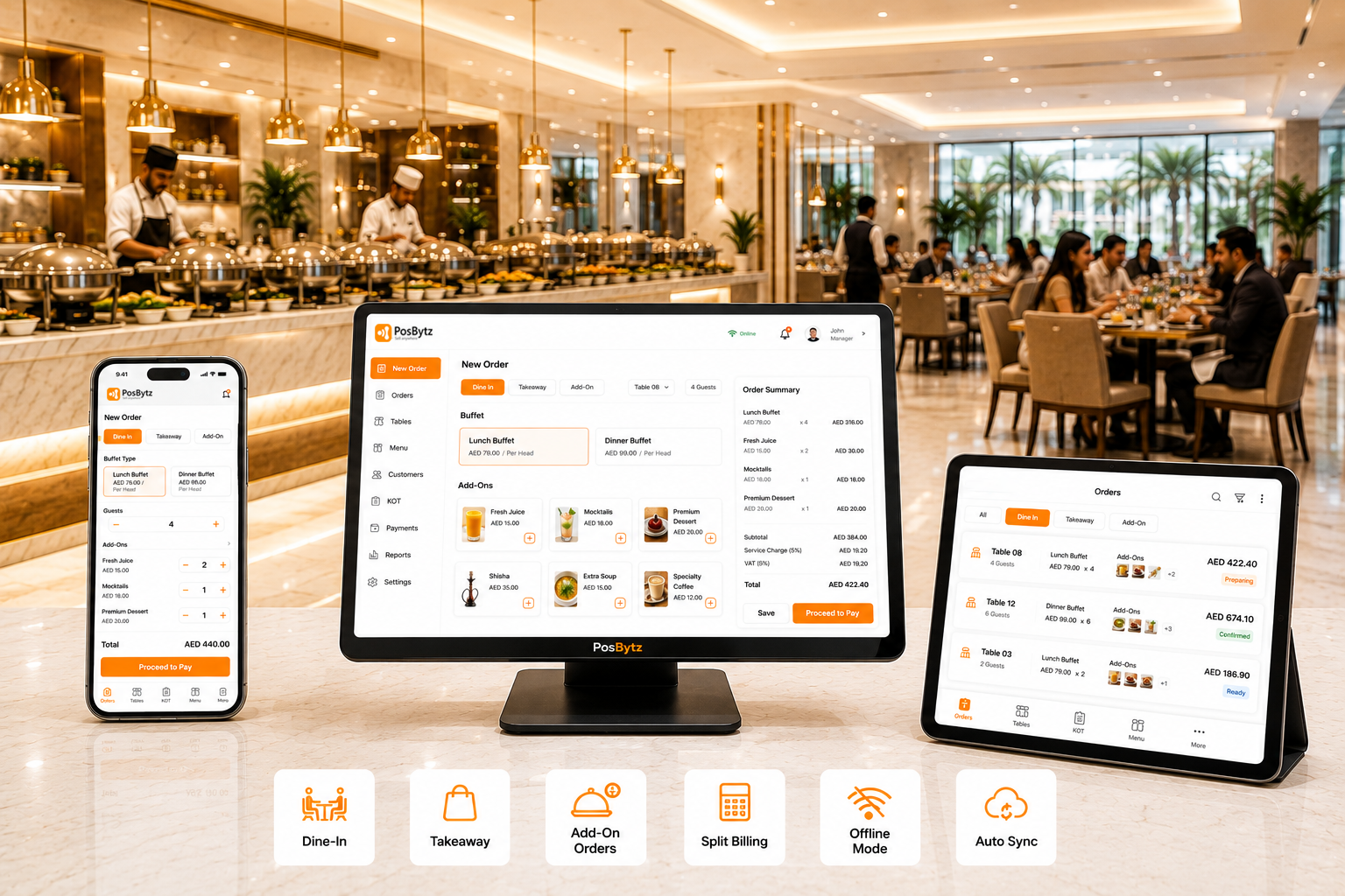 POS system for buffet restaurants with per-head and group billing