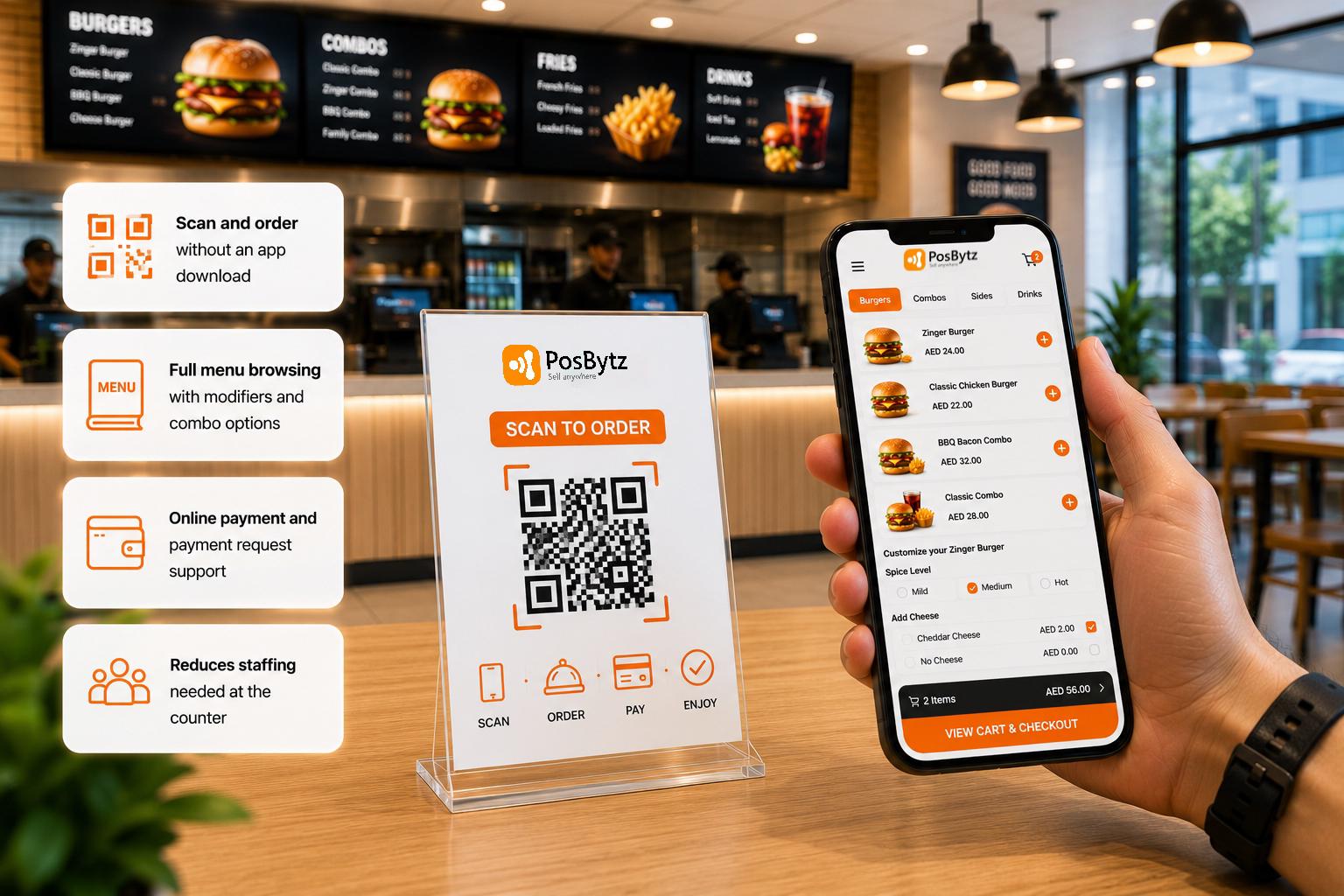 QR code ordering for quick service restaurants with contactless menu browsing and payment