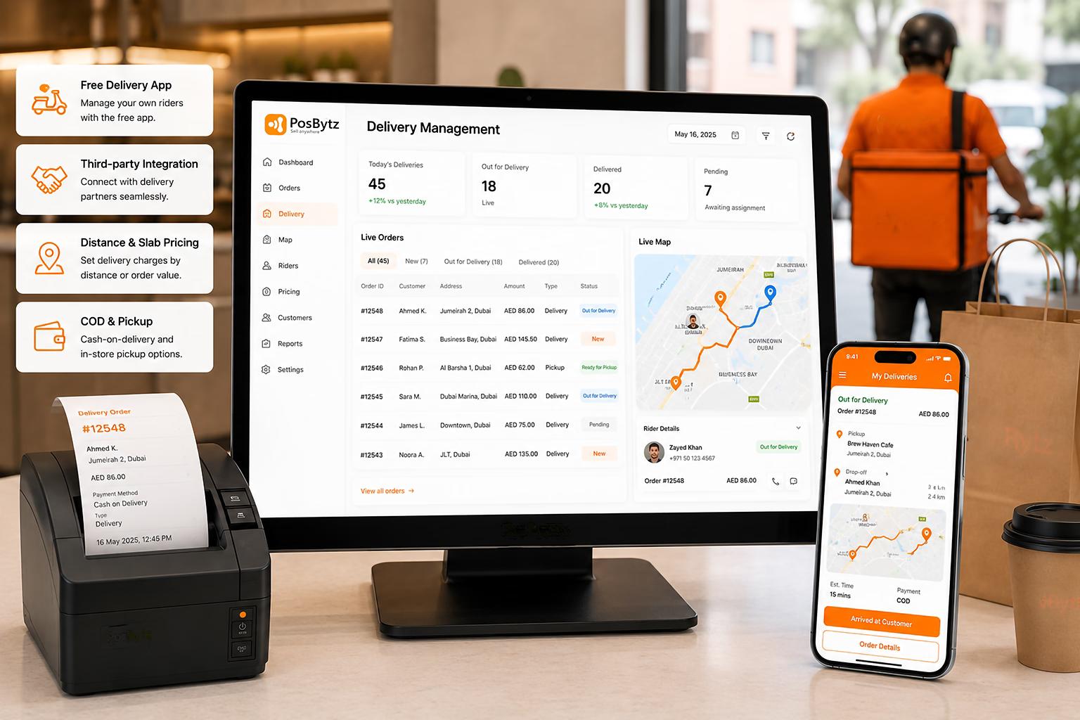 Delivery management system with rider tracking, COD, and third-party logistics integration