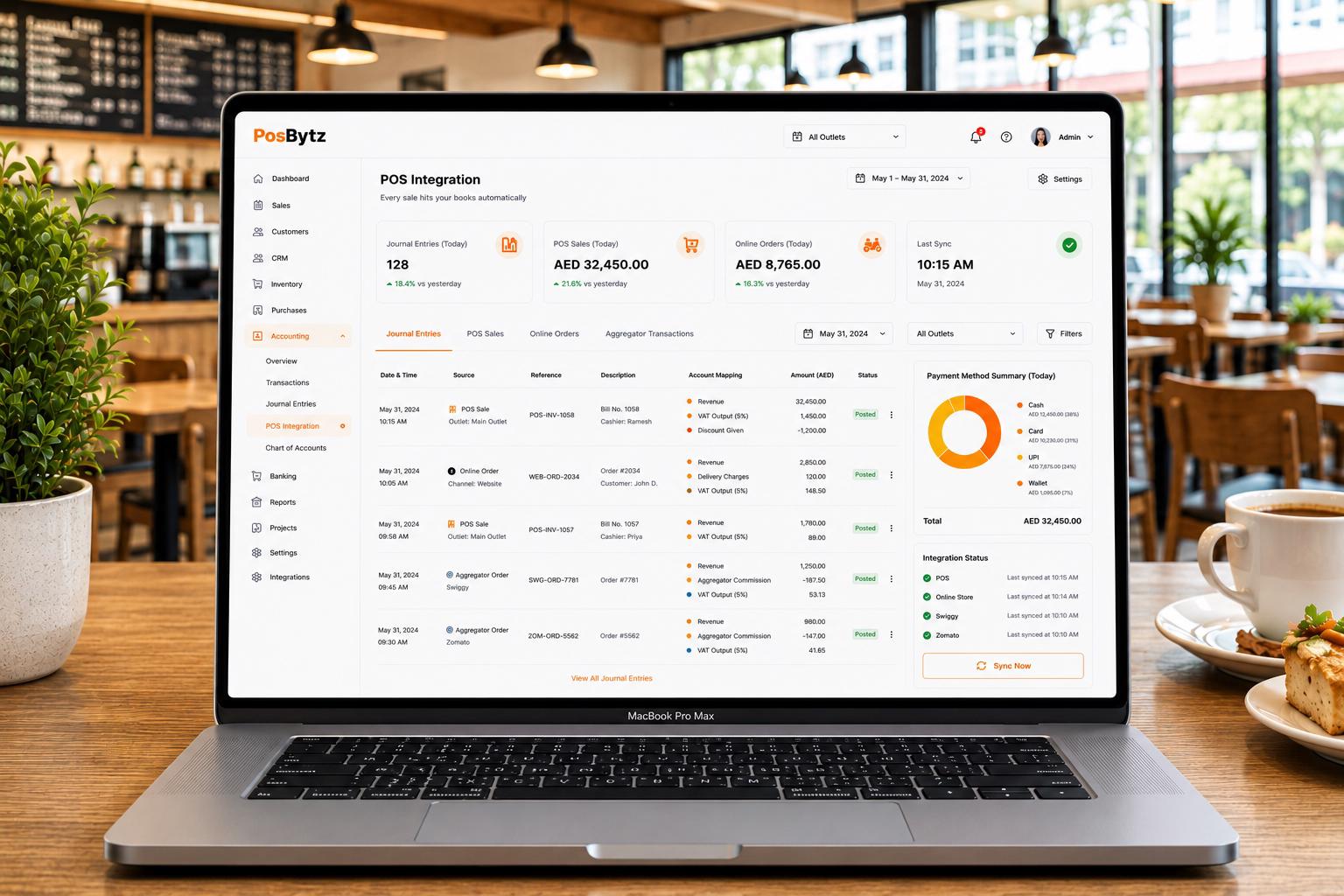 POS integrated accounting system with automatic journal entries for sales, taxes, payments, and revenue mapping in real time