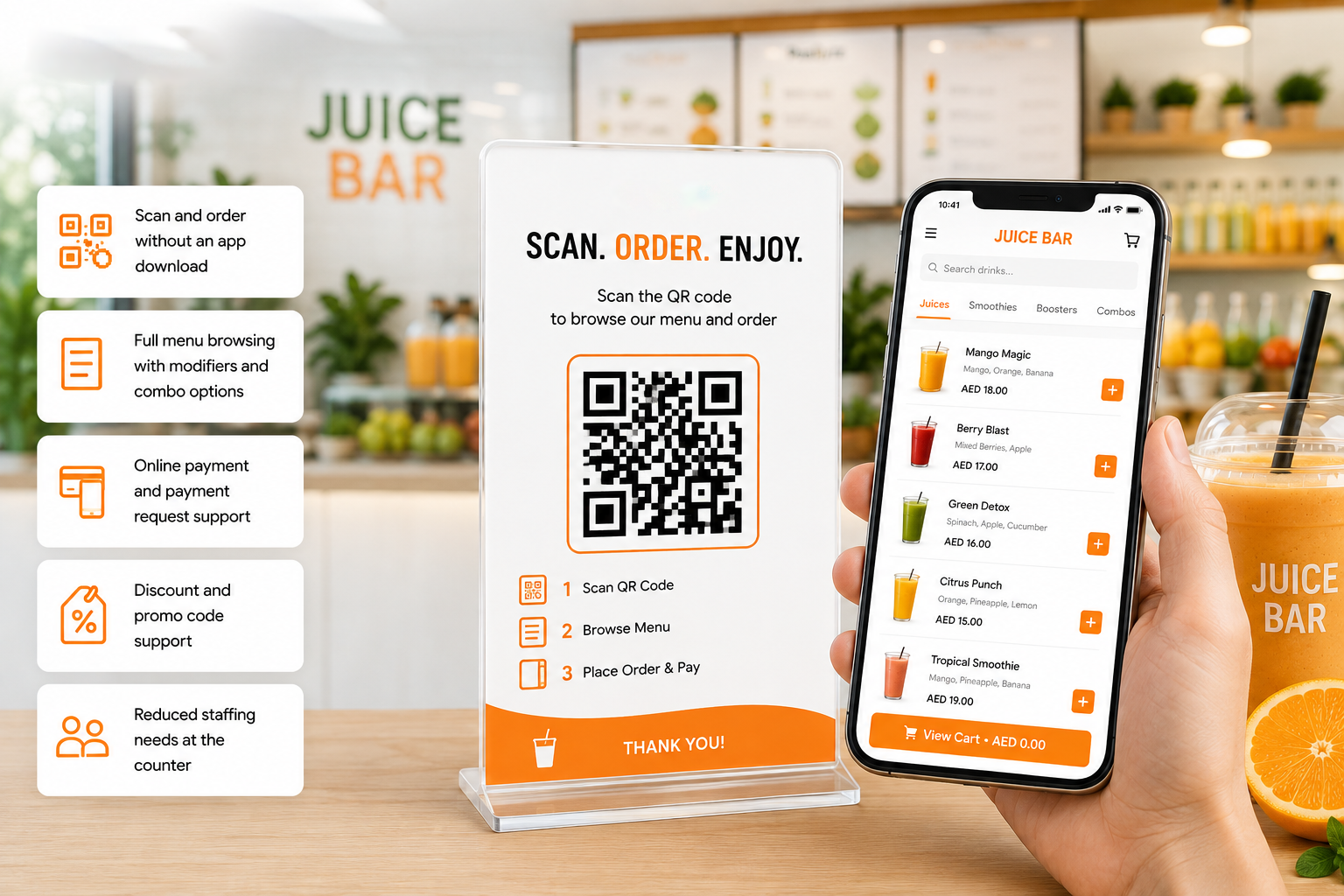 Contactless QR ordering and payment system for juice bar customers