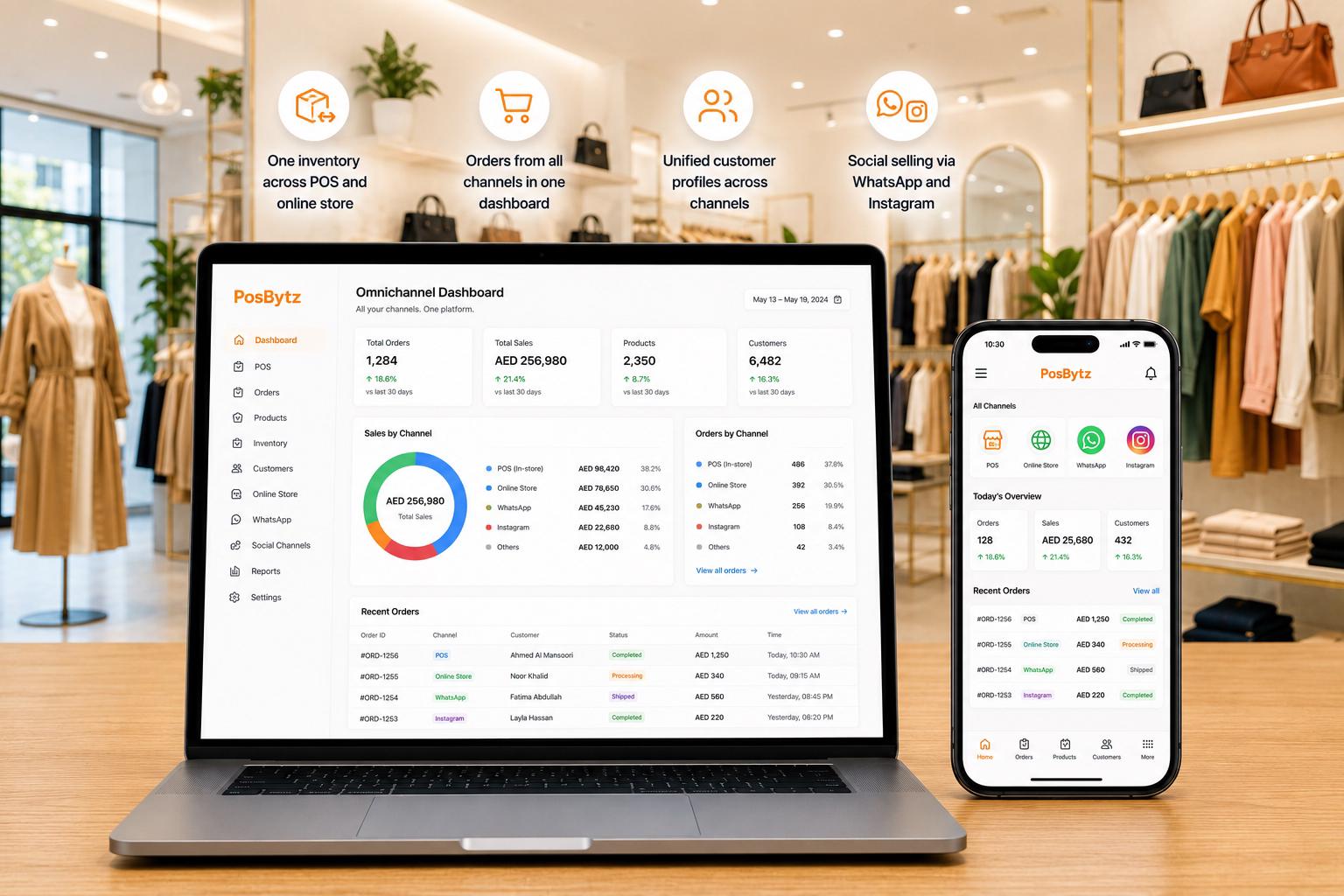 Omnichannel commerce platform with POS, online store, inventory sync, customer management, WhatsApp, and Instagram selling