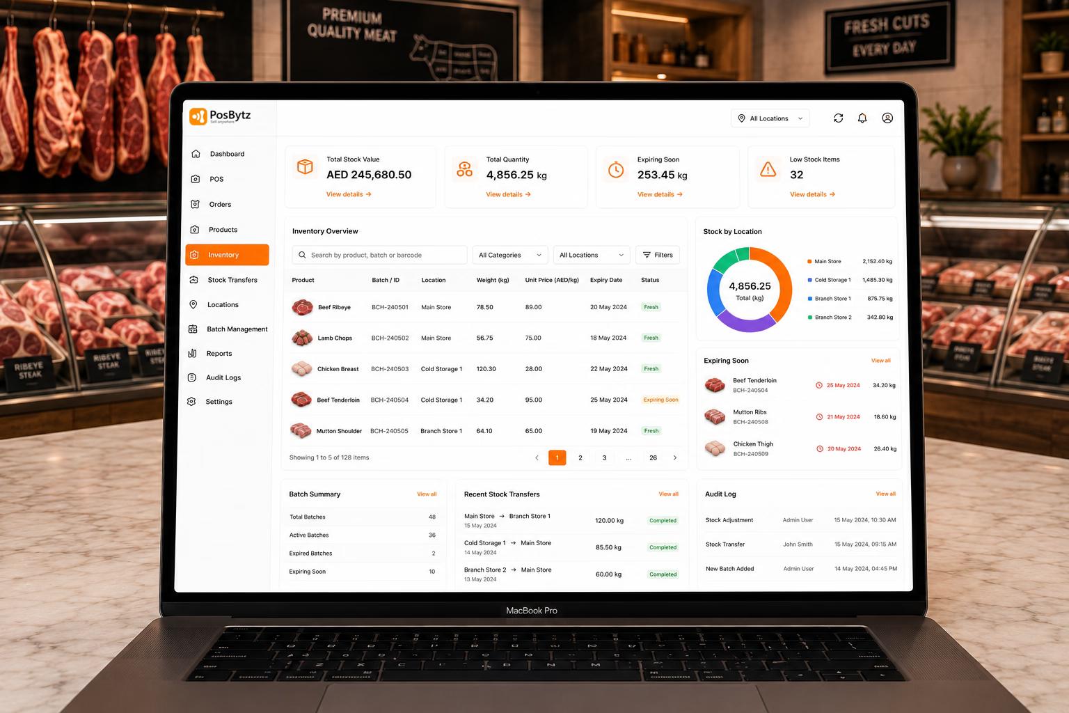 Butchery inventory management software for tracking meat cuts, weights, batches, and expiration dates