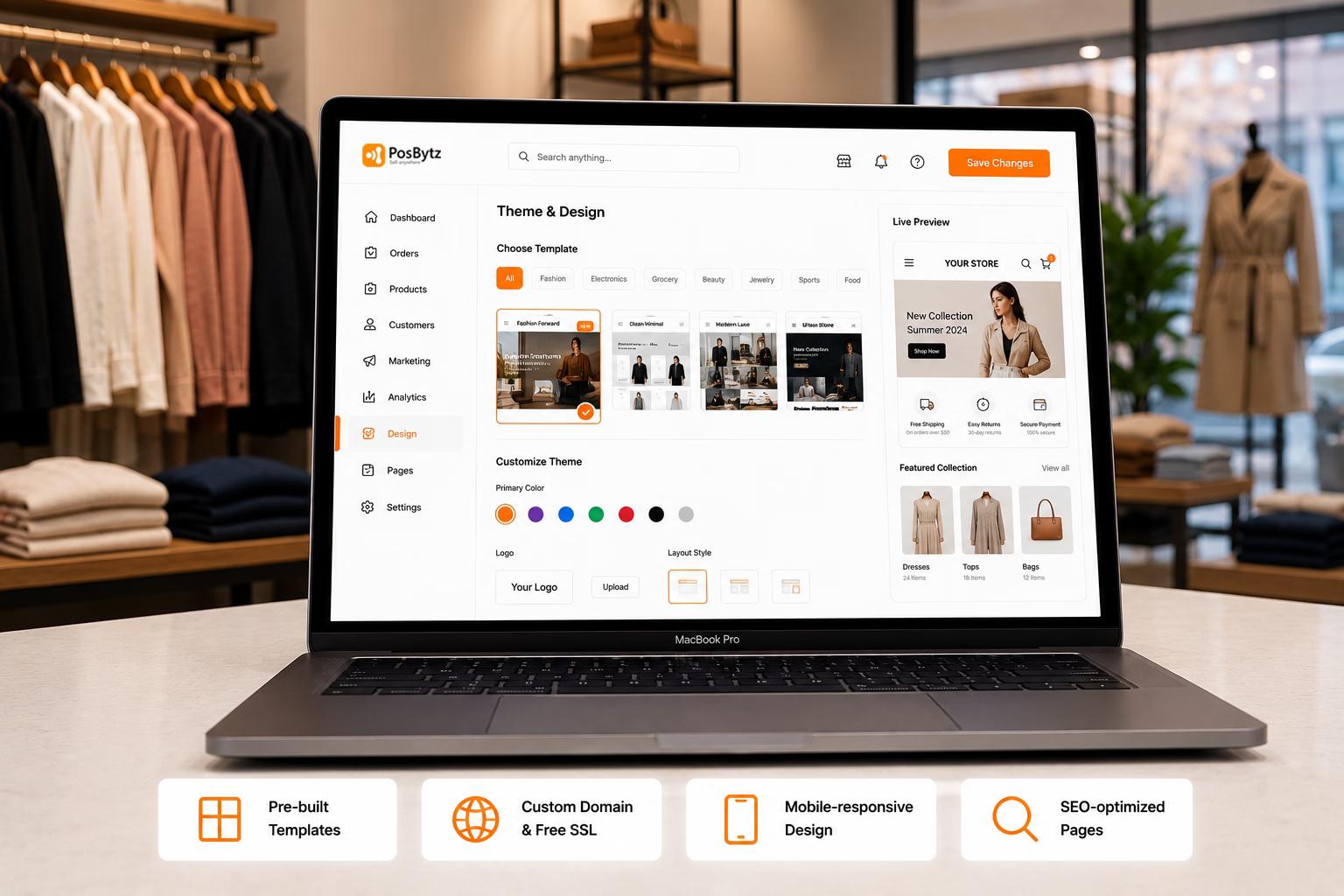 E-commerce website builder theme editor with responsive store templates, SEO optimization, and custom branding for online stores.
