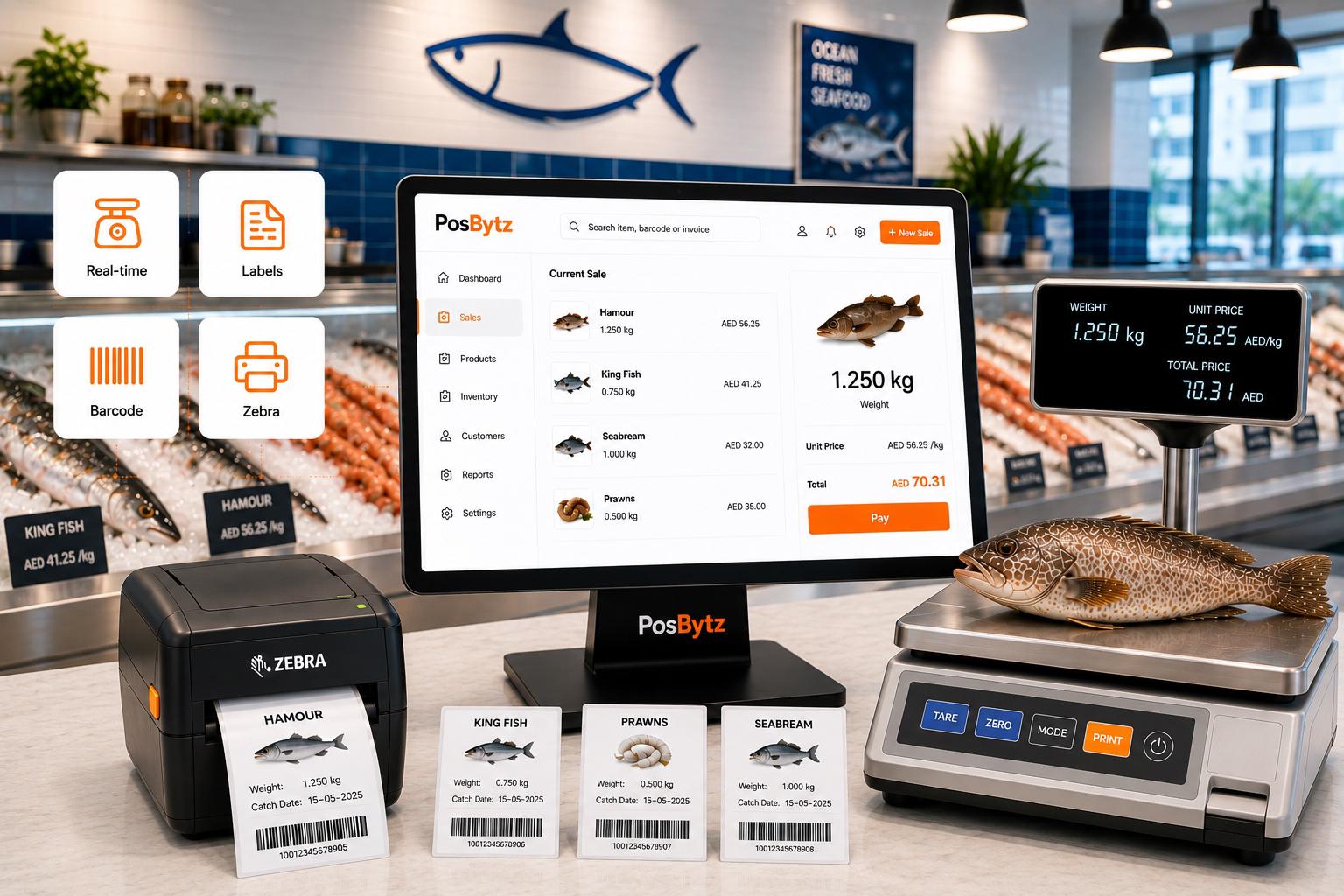 POS with integrated weighing scale and label Printer