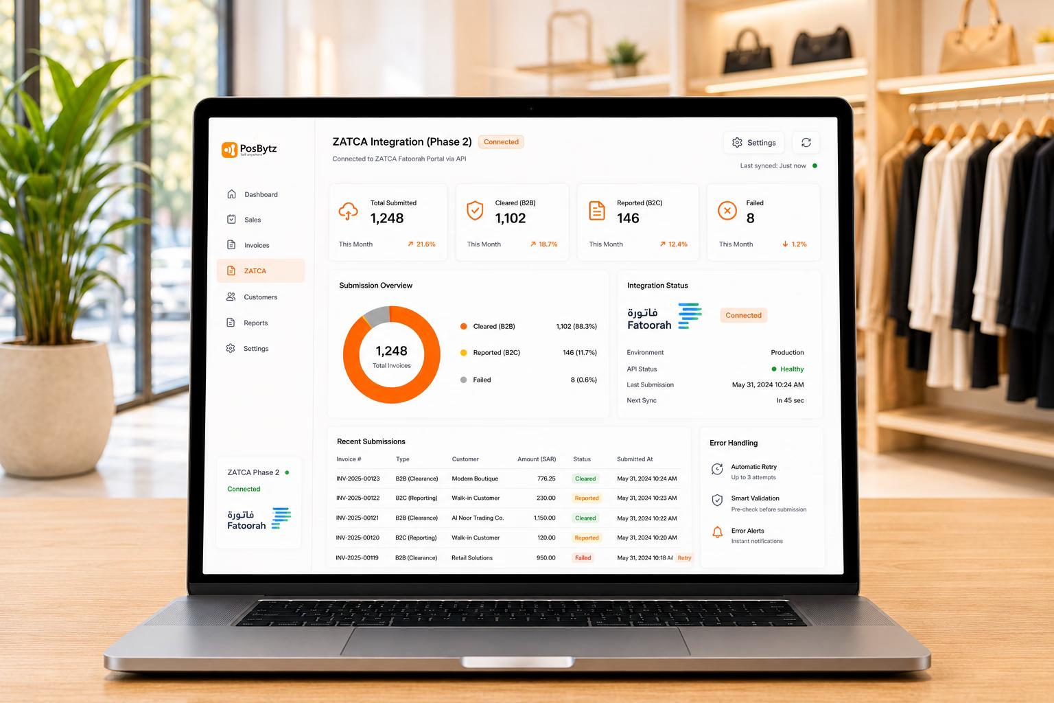 ZATCA Phase 2 integration with Fatoorah portal for automated invoice clearance, reporting, and compliance