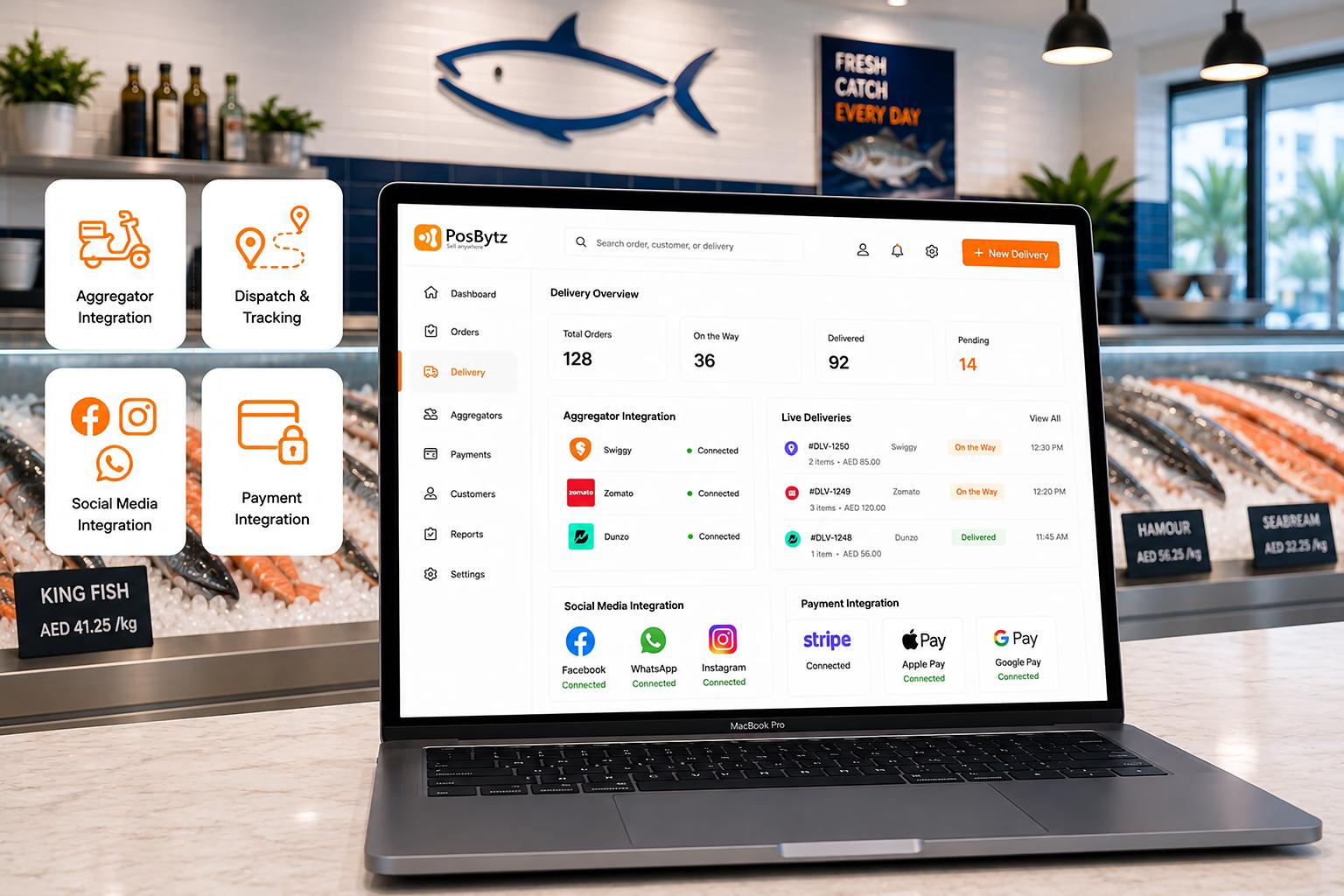 Fish store delivery management software with order dispatch, delivery tracking, and aggregator integration