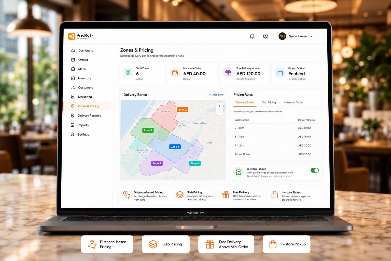 Delivery zones and pricing configuration for distance-based food delivery