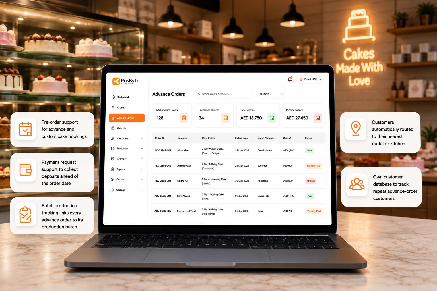 Cake shop POS software for advance cake bookings, custom orders, and payment tracking